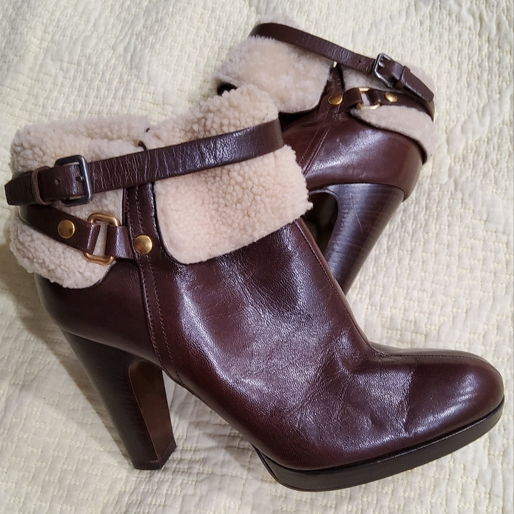 MIU MIU Brown Soft Leather Shearling Lining Ankle Boots Size 40